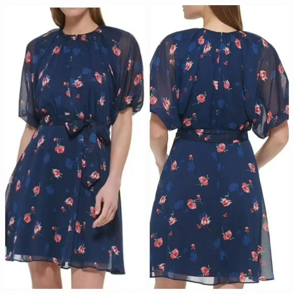 New DKNY Women's (12) Blue and Pink Floral Print Chiffon Fit & Flare Dress  $134